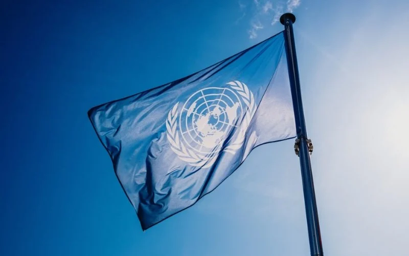 Bandera de las Naciones Unidas ondeando contra un cielo azul