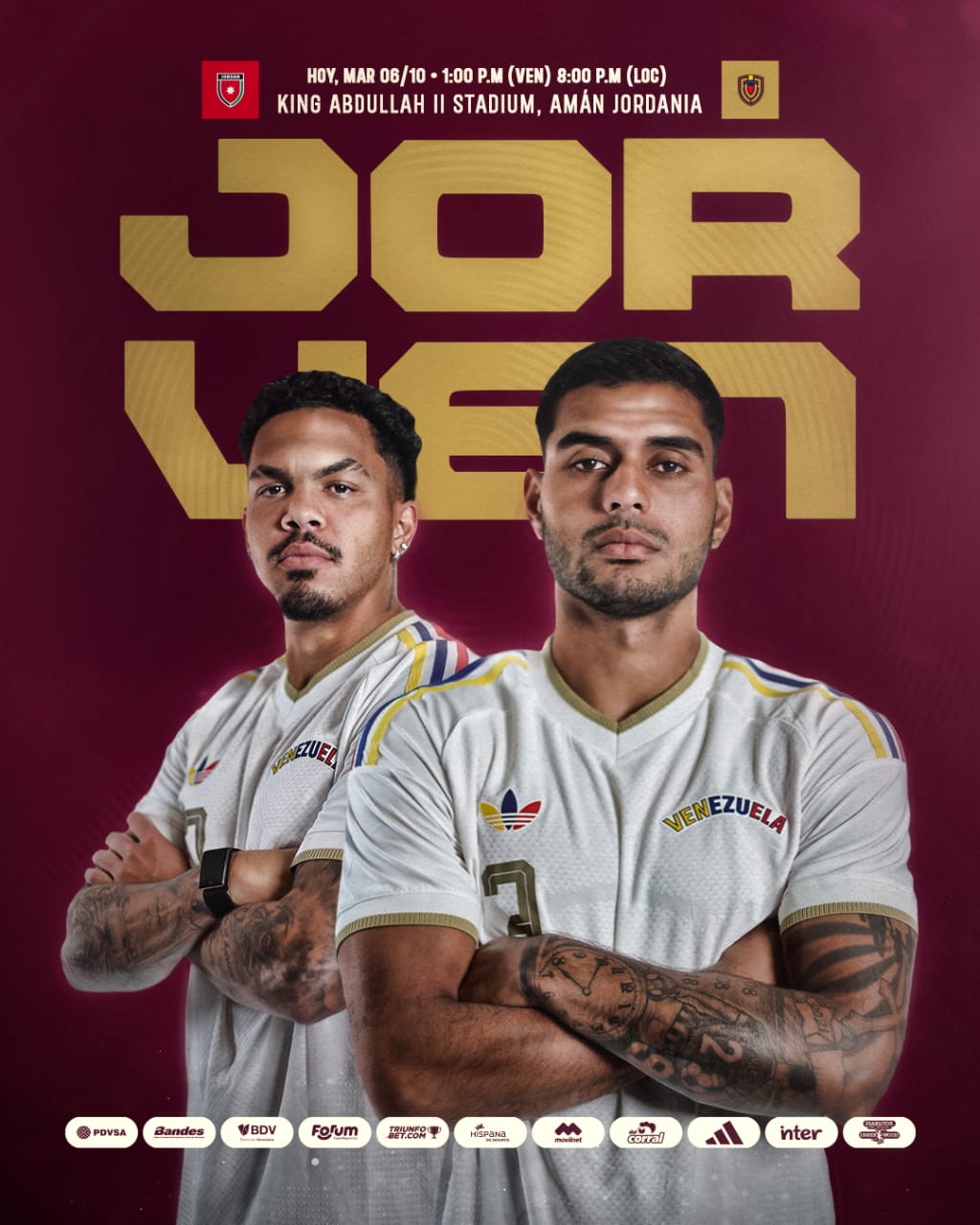 Afiche de la FVF del partido Jordania-Venezuela: dos jugadores de la Vinotinto con la camiseta blanca y los brazos cruzados, sobre fondo vinotinto