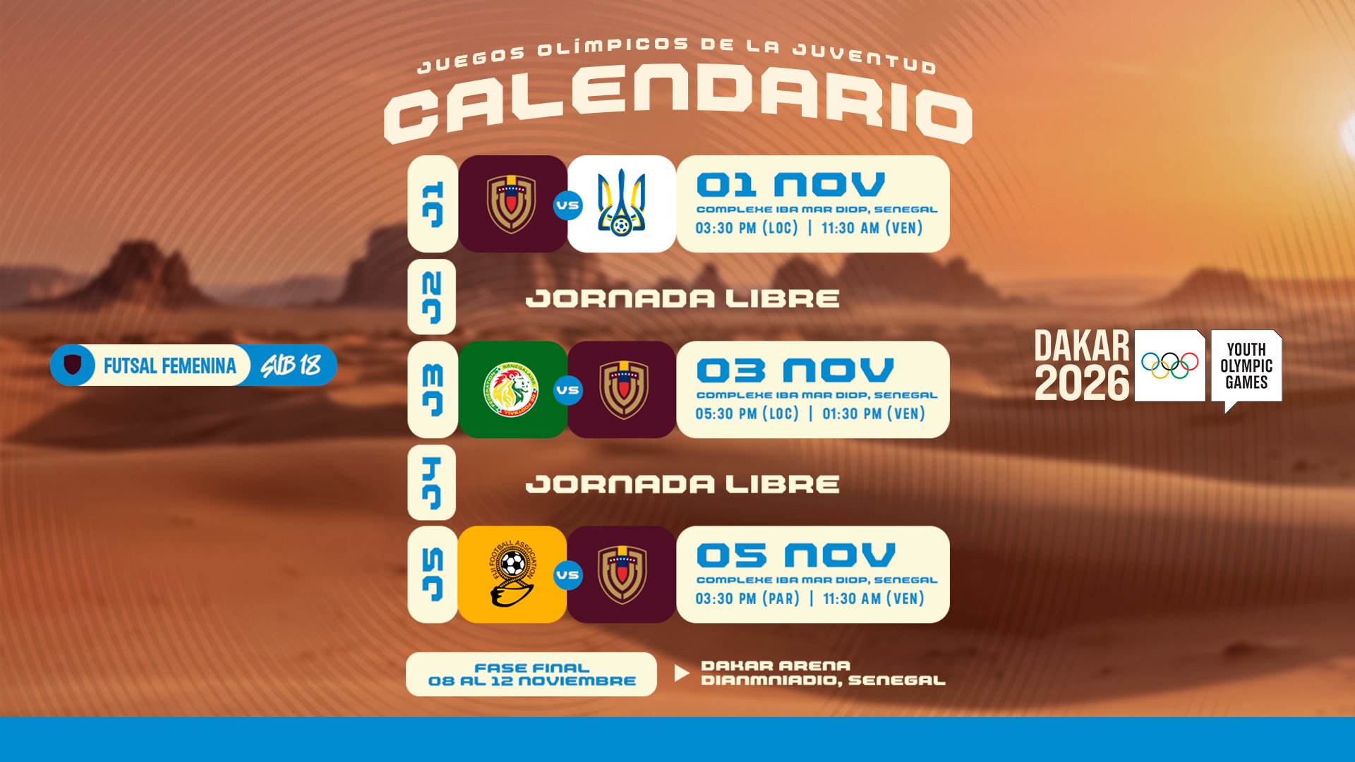 Afiche del calendario de la selección venezolana de futsal femenino Sub 18 en los Juegos Olímpicos de la Juventud Dakar 2026, con los escudos de Venezuela, Ucrania, Senegal y Fiji sobre un paisaje de desierto