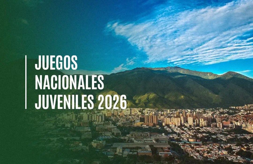 Vista de Caracas con el Ávila al fondo y el texto «Juegos Nacionales Juveniles 2026»