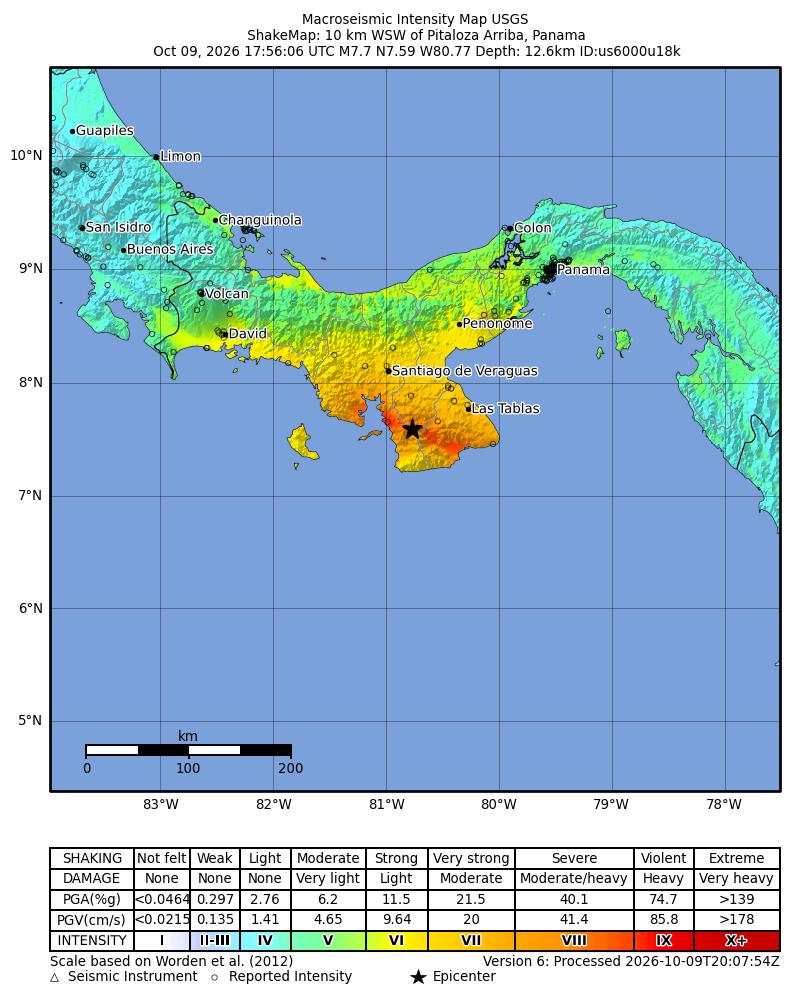 Mapa de intensidad del sismo en Panamá, con el epicentro marcado con una estrella en la península de Azuero, zonas en naranja y rojo alrededor y amarillo en el centro del país