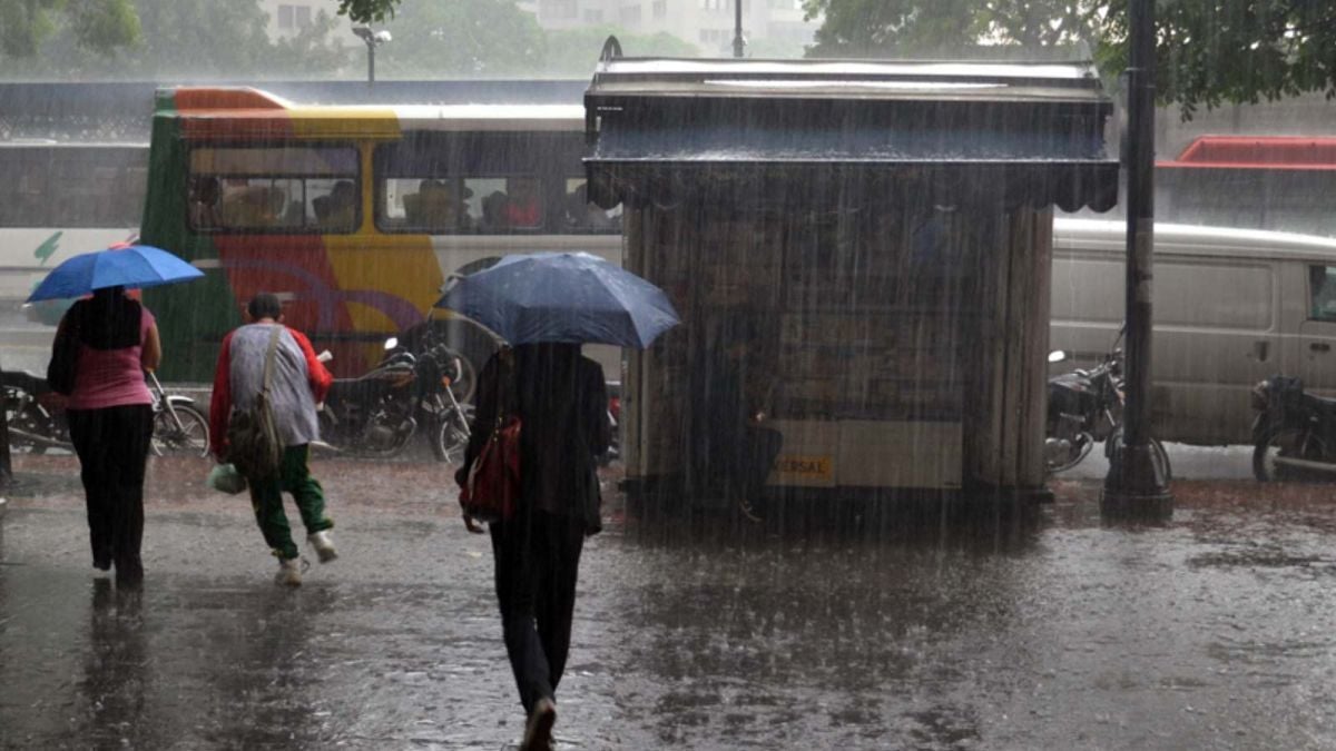 Personas con paraguas caminan bajo la lluvia por una calle