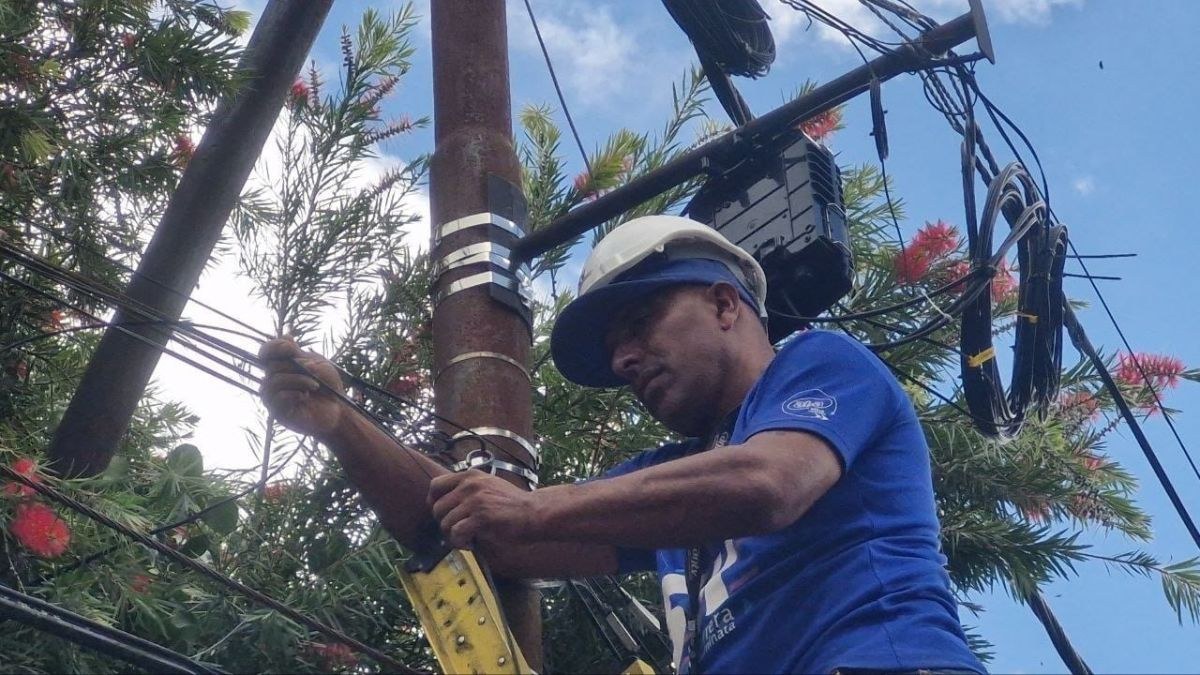 Un técnico de Cantv trabaja en el cableado de un poste