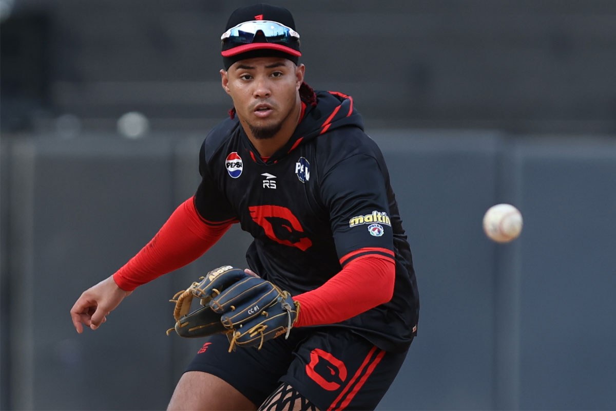 Carlos Colmenarez, de Cardenales de Lara, lanza la pelota en el terreno